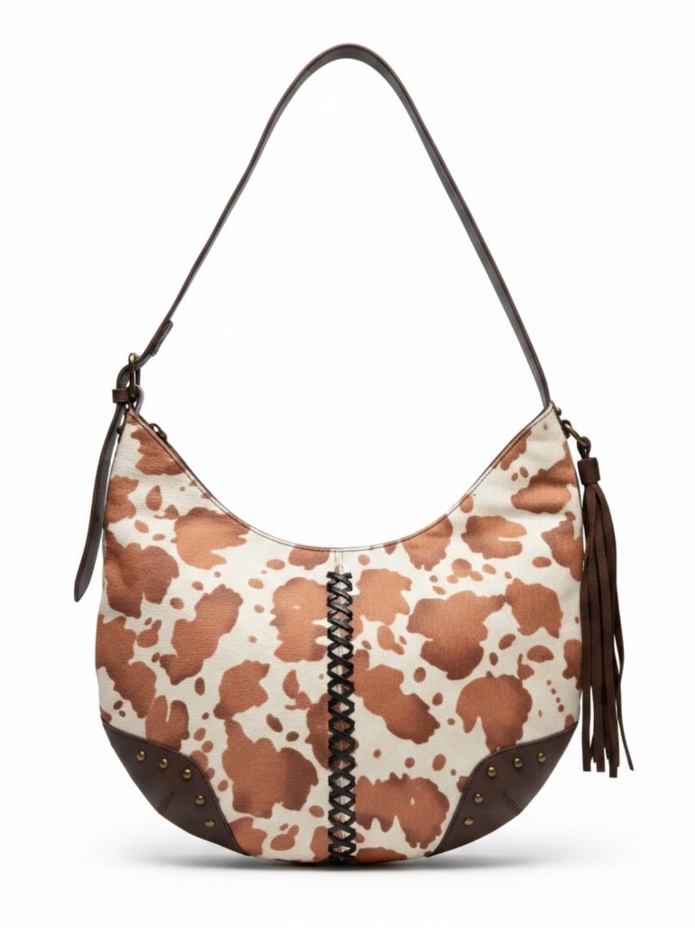 Cowhide-Print Brown and Cream Hobo Shoulder Bag